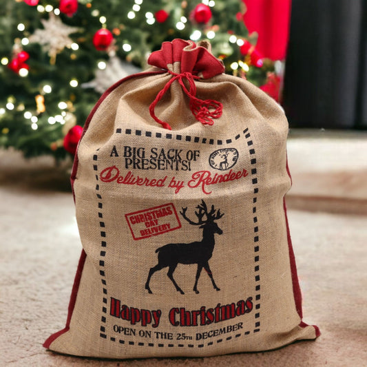 Delivered By Reindeer Jute Gift Sack